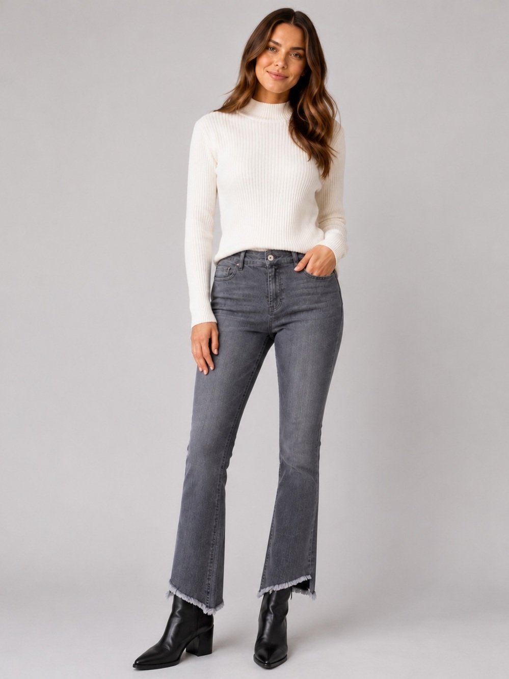 NWT Charlie B Medium Gray Bootcut Jeans Asymmetrical Frayed Hem